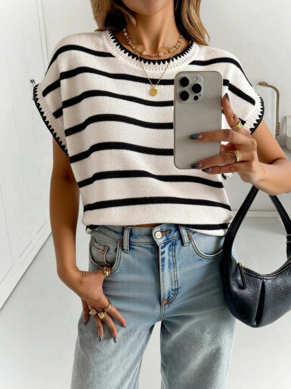 ZARA Striped Contrast Round Neck Sleeveless Sweater Vest Slim Fit Spring Summer